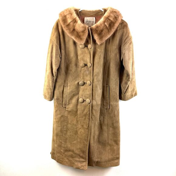 Vintage 50s 60s Long Suede Leather Jacket Mink Fur Collar Swing Coat Size XS - Picture 1 of 14